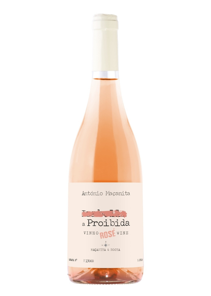 A bottle of Antonio Papezita 'La Proibida' Rose Wine, showing the pinkish-rose liquid through the clear glass bottle with a cream-colored label and white cap, set against a plain white background.