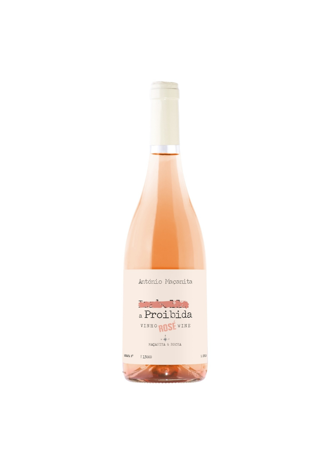 A bottle of Antonio Papezita 'La Proibida' Rose Wine, showing the pinkish-rose liquid through the clear glass bottle with a cream-colored label and white cap, set against a plain white background.