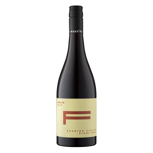 Fervor 'Burnings Violins' Pinot Noir wine with a label that features a prominent red 'F' and the text 'Burning Vines Pinot Noir'.