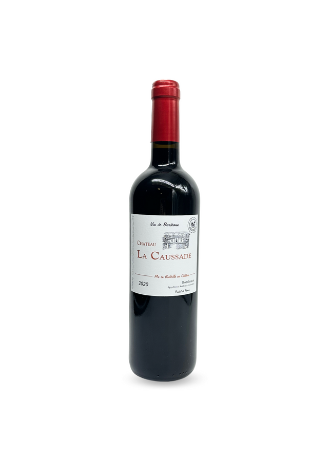 A bottle of Chateau La Caussade Bordeaux Rouge 2021 wine with a red cap and a label that includes the name of the vintage and the château.