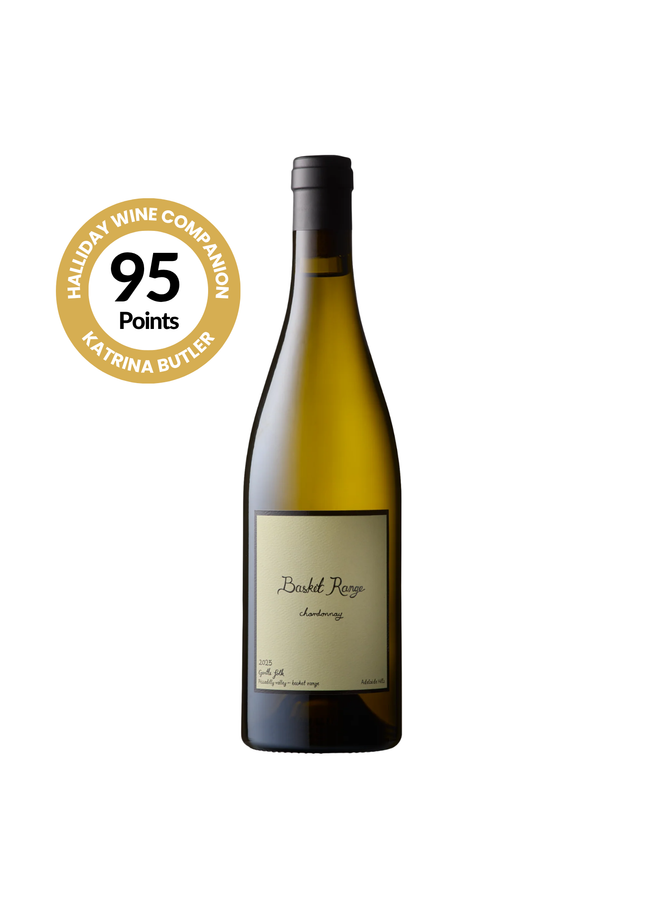 A bottle of Barrel Range Chardonnay with a gold 'Halliday Wine Companion 95 Points' badge on the top left, set against a plain white background.