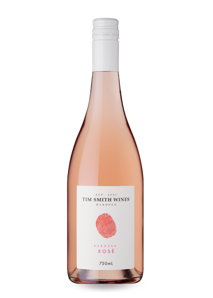 A bottle of Tim Smith Wines Barossa Mataro Rose 2024 with a pink hue and a label that includes the wine variety and the brand name.