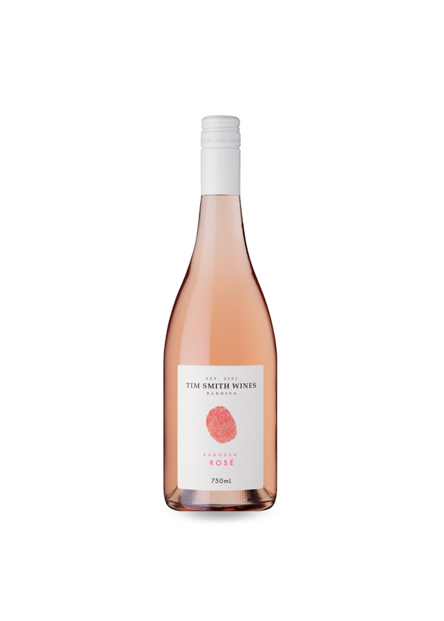 A bottle of Tim Smith Wines Barossa Mataro Rose 2024 with a pink hue and a label that includes the wine variety and the brand name.