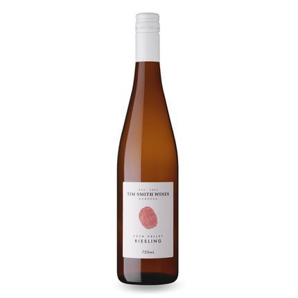 Bottle of Tim Smith Wines Eden Valley Riesling wine with a white label and red text.