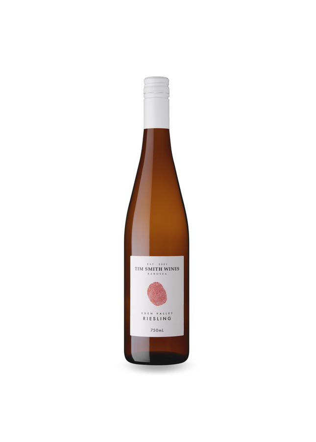 Bottle of Tim Smith Wines Eden Valley Riesling wine with a white label and red text.